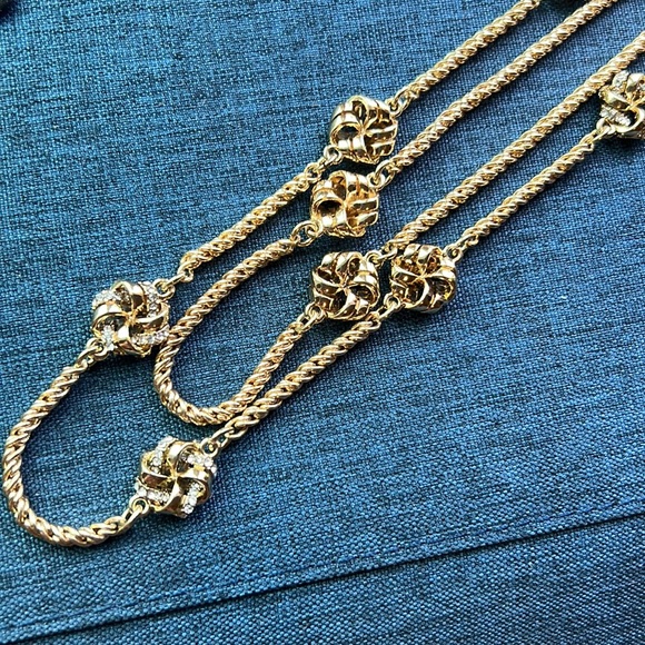 Love Knot Double Row Necklace Sprinkled with Glittering Rhinestones Golden NWT - Picture 5 of 9